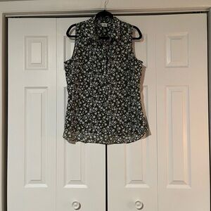 CAbi Light Blue and Olive green Floral Sleeveless Blouse
